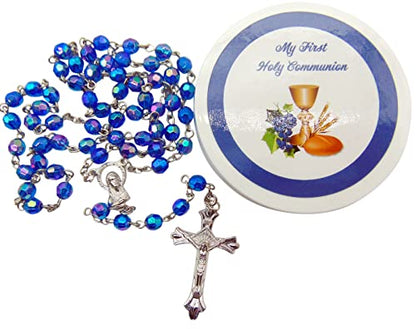 First Communion Rosary Blue Glass Beads Chalice Crucifix Protective Case