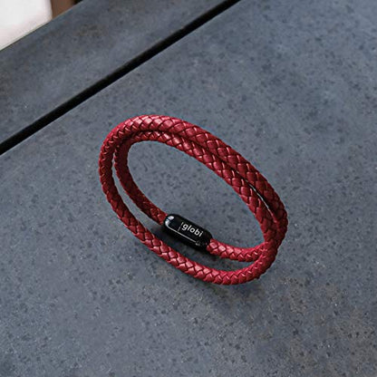 globi Leather Bracelet For Men | Genuine Wrap Braided Leather Cuff Bangle Bracelet with Magnetic Stainless Steel Clasp For Men/Women - color: Red