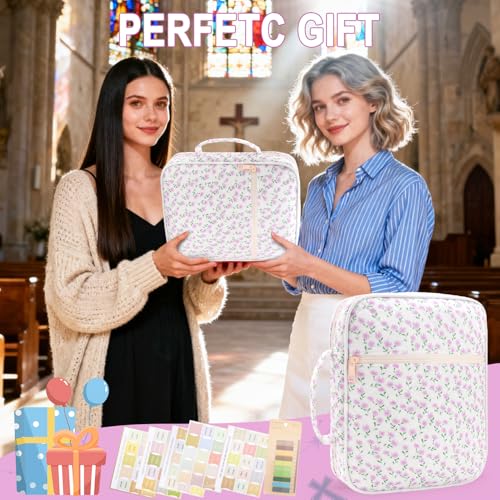 Zkptops Bible Cover Case for Women Large Bible Bag Cotton Quilted Bible Carrying Case with Zipper Pocket and Handle Carrying Book Cover for Christian Study Supplies Christian Gift(Purple Flower) - color: Fr Purple Flower