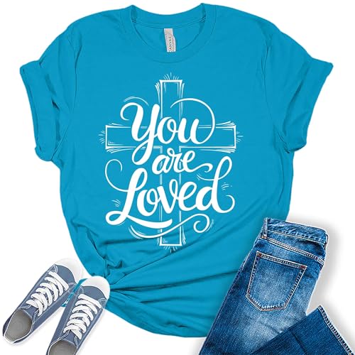 Womens Christian Shirts Cute Faith Graphic Tees Casual Religious Letter Print Short Sleeve Tshirts Summer Tops for Women - color: 1 - Aqua, size: Small