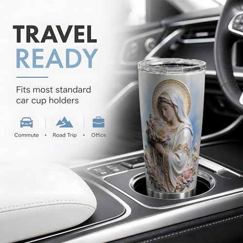 Virgin Mary Floral Bouquet Art 20oz Tumbler, Virgin Mary Tumbler for Daily Drinkware, Blue Halo Statue Illustration, Catholic Devotional Cup, Religious Design for Women Men Church Use - color: Virgin Mary 4