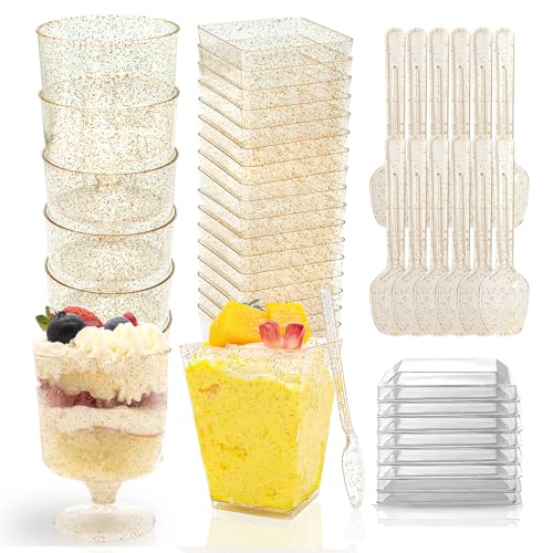 300 Pack Plastic Dessert Cups with Lids and Spoons 5Oz Yogurt Parfait/Appetizer Cup with Round Gold Glitter Serving Goblet cup for Party, Mini Shooter Cups for Fruit Pudding Trifle Ice Cream