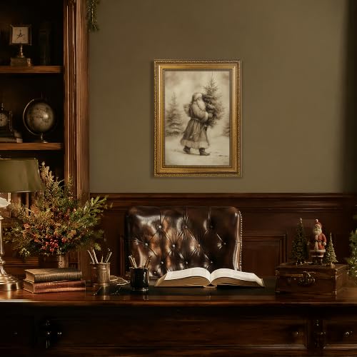 Fantasy Artists Christmas Framed Canvas Wall Art, Vintage Santa Claus Carrying Christmas Tree Gold Frame Print, Classic Holiday Wall Decor for Living Room Bedroom Entryway, Ready to Hang, 12" Wx16 H - color: Santa Claus, size: 16"L x 12"W