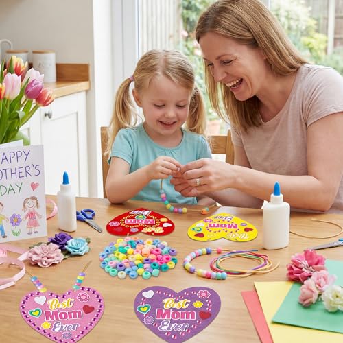 BeYumi Mom Necklace Craft Kit - 24Pcs Mother's Day DIY Foam Heart Best Mom Ever Necklace Making Kit With Gem Sticker DIY Thank You Craft for Kid Home School Classroom Family Party Favor Fun Activities - style: Best Mom Ever