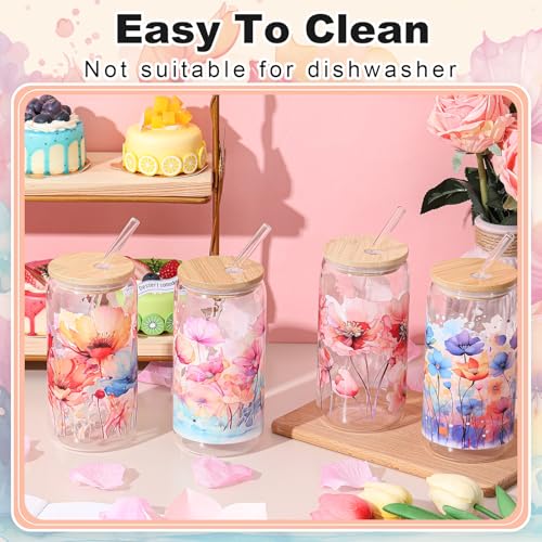 Mumufy 4 Pack Watercolor Flower Glass Cup, 16oz Tumbler Mug with Bamboo Lid - style: Watercolor Flower
