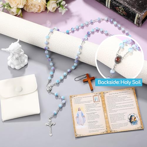 Quelay Rosary Catholic for Women Prayer Card - color: Blue-purple, style: Glass Pearls