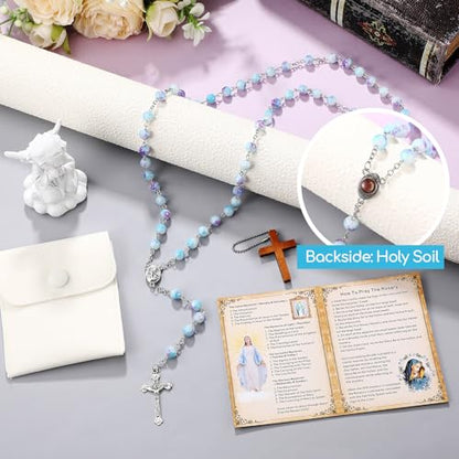 Quelay Rosary Catholic for Women Prayer Card - color: Blue-purple, style: Glass Pearls