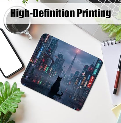 Night City Black Cat Mouse Pad for Desk, Black Cat Lover Mom Gifts Mousepads with Anti-Slip Rubber Base for Computer Laptop Home Office Desk Accessories, 9.5x7.9 Inch - color: Square mouse pad-Black Cat