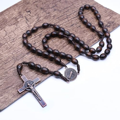 SZQCZB Wooden Rosary Beads Catholic for Men, Saint Benedict Medal and Cross - Comes in Gift Pouch and 18pcs Prayer Cards - color: Deep Coffee