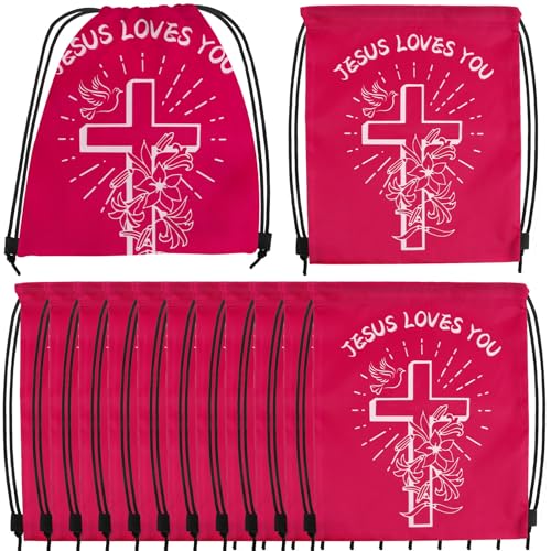 12 Pcs Christian Drawstring Bags Religious Drawstring Backpack Jesus Loves You Easter Church Gifts Christian Religious Gifts Bags School Easter Religious Gift Bible Verse Party Favors