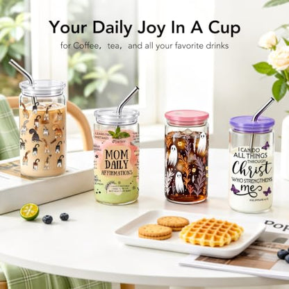 Christian Gifts for Women 16 oz Glass Cups with Lids and Straws, Purple Butterfly Cross Iced Coffee Tumbler for Home Office, Mothersday Baptism Birthday Religious Gifts for Church Friends