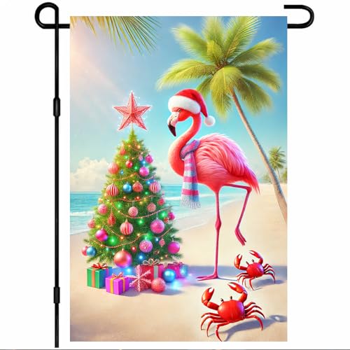 BlissYard Christmas Gardens Flags Tropical Christmas Flamingo Garden Flag Beach Holiday Garden Flag 12x18 Inch Double Sided Outdoor Decoration for Festive Season Yard Porch Lawn Display - color: Christmas Flamingo
