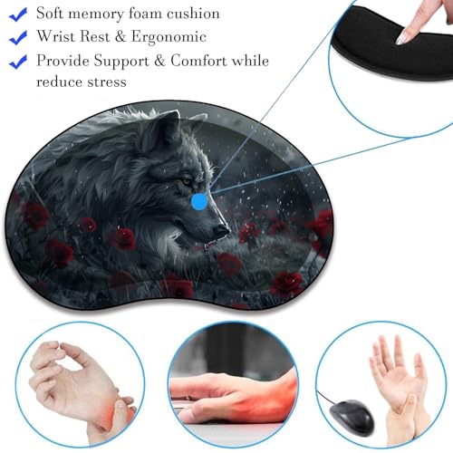 Mouse Pad 9.4"x7.9" + Wrist Support Pad + Embroidered Cup Pad Non-Slip Set, Ergonomic Mouse Wrist Support Pad, Suitable for Office/Gaming/Home Use, Wolf and Rose - color: Wolf and Rose