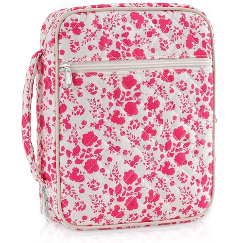 Bible Cover Case for Women Large Floral Bible Bag Organizer Quilted Study Supplies Accessories Carrying Cases for Girls Portable Tote Bag Christian Gifts - color: Rose