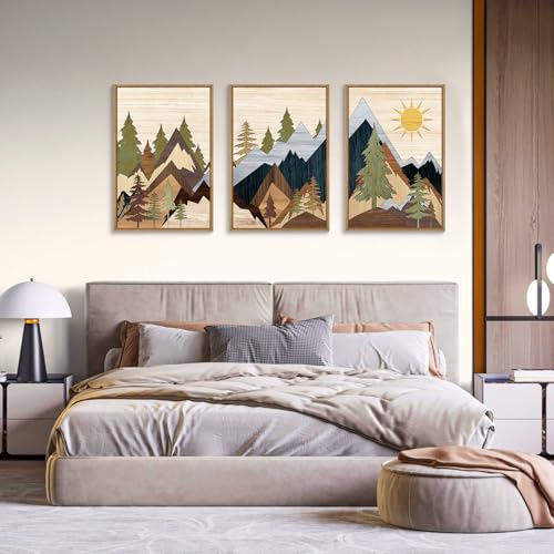 Ausri Boho Mountain Pine Tree Framed Canvas Wall Art Set -24"x36"x3 - color: Boho Mountain Wall Art, size: 24"L x 36"W