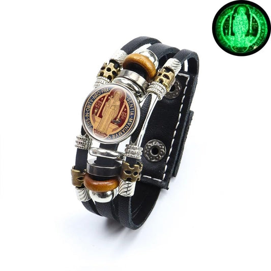 925 Sterling Silver San Benito Bracelet For Men - Luminous St Benedict Bracelets Leather Catholic San Benito Snap Button Bangles Multilayer Wristband, Rosario De San Benito, Pulseras De San Benito - color: 8 - San Benito Bracelet