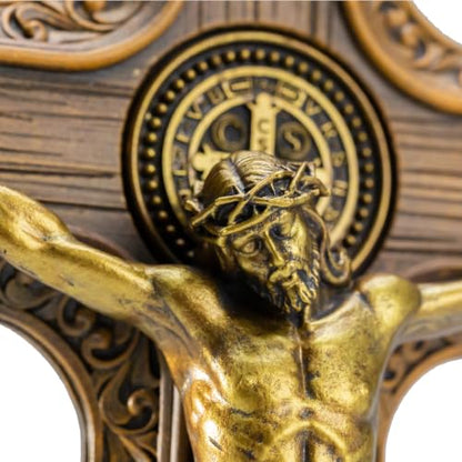 DevotedWalls Saint Benedict Crucifix for Wall–12" H Catholic Cross with Medal, Gold-Toned Finish St Benedict Crucifix with Jesus Christ Sculpture for Living Room, Bedroom, or Church Wall Decor - size: 12"L x 6.4"W