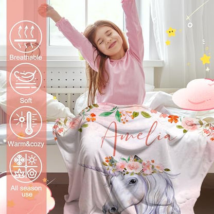 J&SBGFT Personalized Baby Horse Blanket for Girls with Name - color: Horse