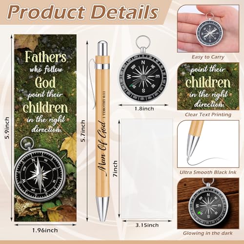 Kenning 18 Sets Father's Day Church Gifts Bulk Christian Man of God Compass Gift for Men Bulk Keychain with Bookmark Ballpoint Pens Christian Religious Gifts Set for Dad Pastors Church Party Favors