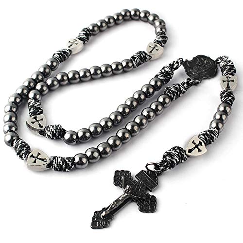 HanlinCC Catholic Rosary Paracord Large Metal Beads St.Michael Medal Men - style: Gun Black St.Michael Paracord Rosary
