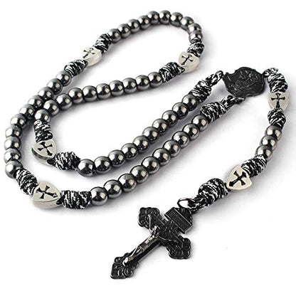 HanlinCC Catholic Rosary Paracord Large Metal Beads St.Michael Medal Men - style: Gun Black St.Michael Paracord Rosary
