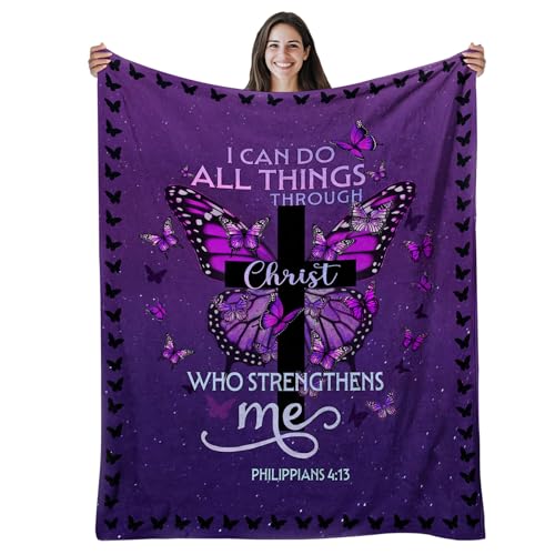 CIUGOIG Christian Gifts for Women - I Can Do All Things Christ Blanket 50"x60" - Inspirational Religious Birthday Catholic Spiritual Gifts Faith Based Gift - Purple Christian Throw, Butterfly - color: Christian-purple, size: 50"x60"