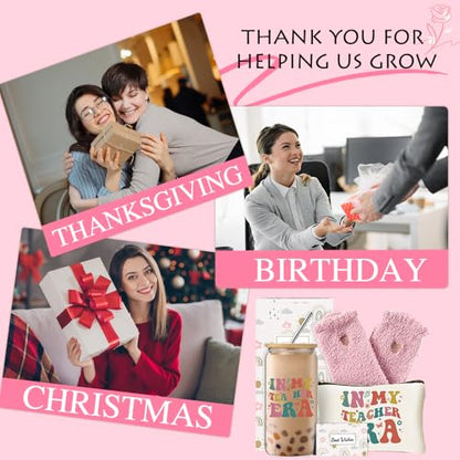 DHQH Best Teacher Appreciation Gifts for Women, Teacher Christmas Thank You Gifts Basket with 16OZ Glass Cup Makeup Bag - style: teacher newa glass