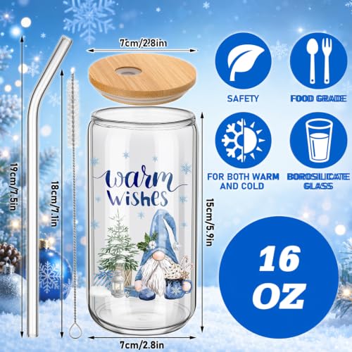 Teenyyou 12 Sets Christmas Glasses Cups with Bamboo Lid and Glass Straw, 16 oz Blue Winter Gnome Snowman Glass Jar Drinking Cups, Festive Elk Christmas Tree Coffee Cup for Xmas Holiday Party Gifts - style: Blue Stripes
