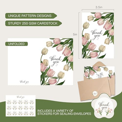 Thank You Cards with Envelopes - 24 Pack 6 Floral Designs Thank You Notes with Envelopes Set, Small Blank Thank You Cards (3.5x5in) for Weddings, Baby Showers & Business