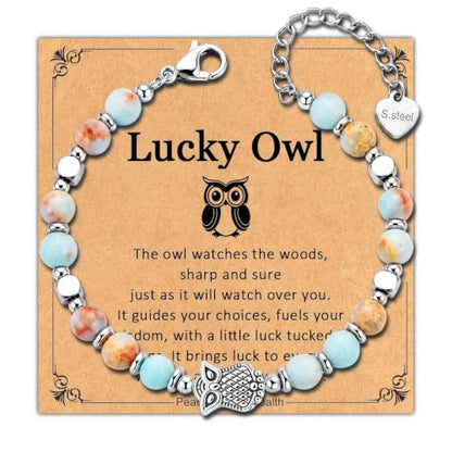 Bracelet for Women Natural Stone Beaded, Stainless Steel Charms, Adjustable - color: 7-Owl