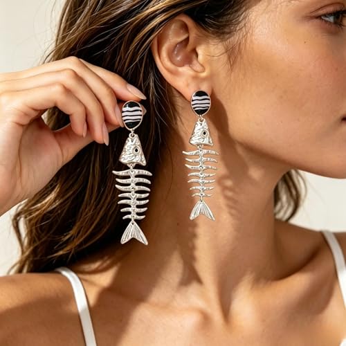 Creative Exaggerated Ocean Animal Drop Dangle Earrings for Women, Bohemia Style Alloy Lobster Octopus Fish Crab Earrings for Summer Beach Holiday Party Jewelry Gifts - style: Silver Fish Bone Earrings
