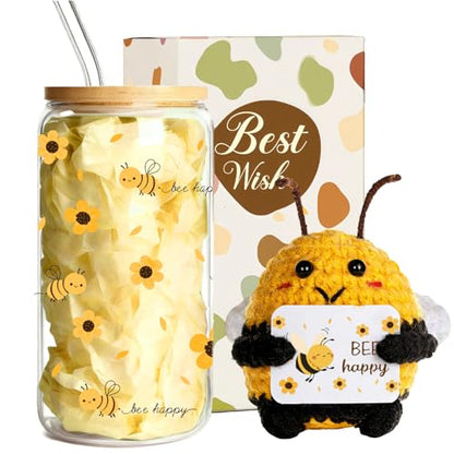 MUJUZE Bee Gifts for Women, 16 oz Tumbler & Crochet Bee Gift Set - color: Bee Happy Cup Set