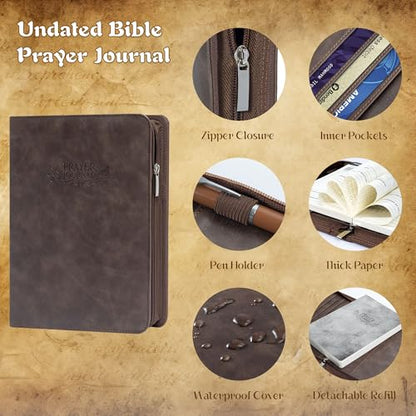 Ospelelf Daily Bible Prayer Journal for Men, Zippered Leather Scripture Study Notebook Religious Planner for Reflection & Gratitude, Ideal Gift for Jesus Faith Believers, Undated 3 Months, Brown - color: brown