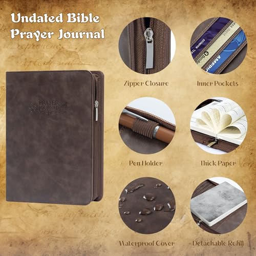 Ospelelf Daily Bible Prayer Journal for Men, Zippered Leather Scripture Study Notebook Religious Planner for Reflection & Gratitude, Ideal Gift for Jesus Faith Believers, Undated 3 Months, Brown - color: brown