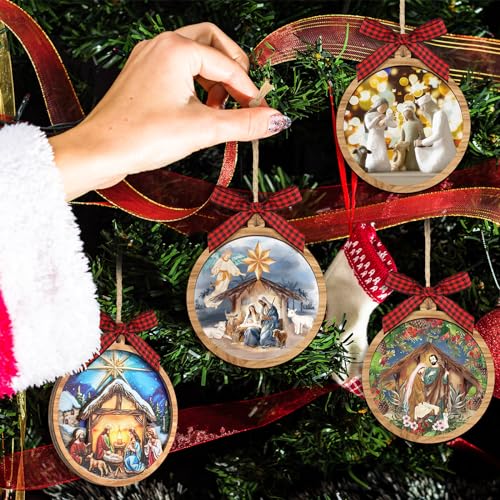 Hollowfly 8 Set Nativity Scene Ornaments 3D Wooden Christmas Tree Decor