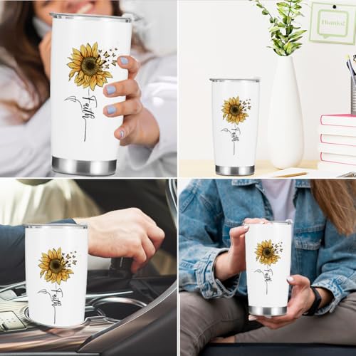 Sunflower Gifts for Women Best Friend Tumbler, Positive Butterfly Christian Gift Birthday Christmas, Faith Religious Gifts Coffee Mug Stainless Steel Vacuum Insulated Double Wall Travel Cup with Lid - color: Sunflower 1227