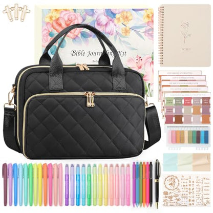 Quilted Bible Cover Case for Women with All-in-One Bible Journaling Kit - color: Black