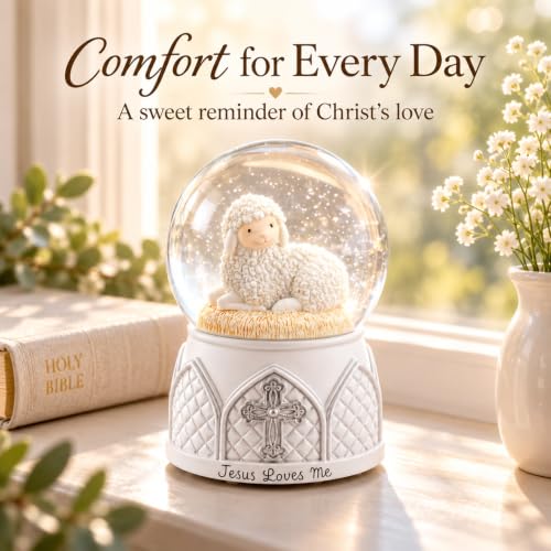 Jesus Loves Me Snow Globe, Jesus White Lamb Baptism Music Box, Religious Gift for Pastors Girls Wife Girlfriends Friends Easter Birthday Present