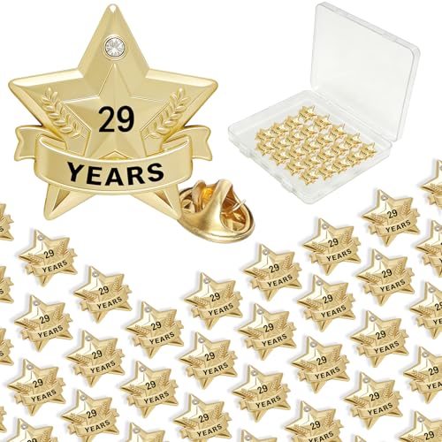 Years of Service Pins, Gold Star Pin for 1-30 Year Work Anniversary, Long Standing Employee Recognition Award Star Pins for Staff, Team & Volunteers - style: 29 Years