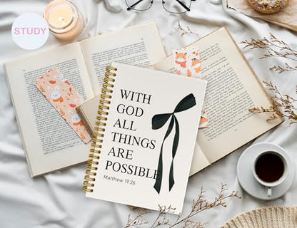 Bible Bow Notebook, Christian Study Prayer Journal for Women - color: (Black) Matthew 19:26