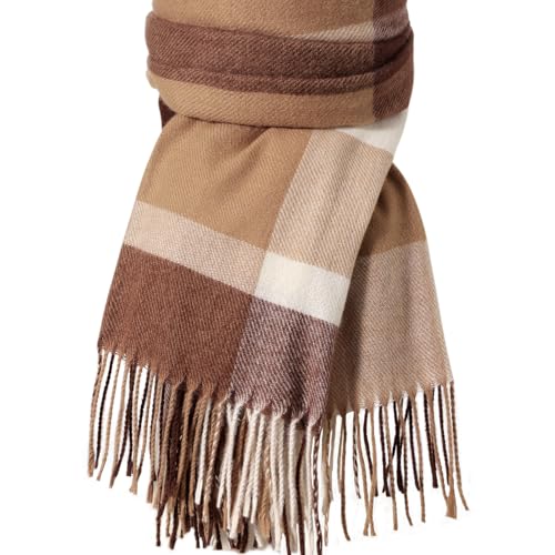Clothirily Womens Winter Scarf, Oversized Long Blanket Plaid Shawl Wrap - color: Brown White Lattice