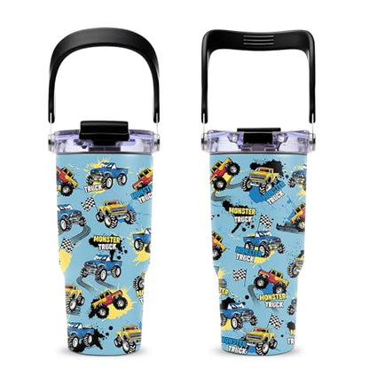 Monster Truck Tumbler with Top Handle and Flip Straw Lid 20oz Stainless Steel Insulated Travel Cups for Boys - Christmas Birthday Ideas for Monster Truck Kids Coffee Mugs - color: Truck01