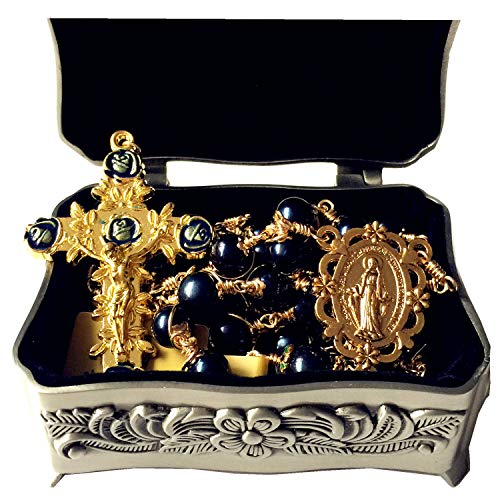 elegantmedical HANDMADE ROSARY Wire Wrapped AAA+ Black Real Pearl Bead Catholic Necklace jesus Cross Gift Box