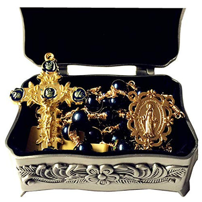 elegantmedical HANDMADE ROSARY Wire Wrapped AAA+ Black Real Pearl Bead Catholic Necklace jesus Cross Gift Box