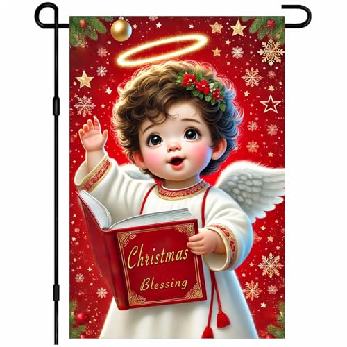 IVN Merry Christmas Angel Garden Flag 12x18 Inch Double Sided - color: Angel Singing with Red Book