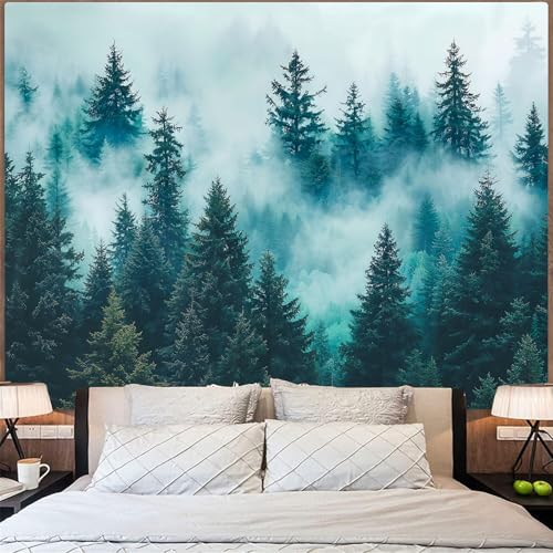 Haibimen Nature Mountain Forest Tapestry Wall Hanging Green Pine Tree Tapestries for Bedroom Morning Mist Aesthetics Wall Decor for Living Room Dorm (forest-4, 48''×36'') - color: dark green, size: 48"L x 36"W