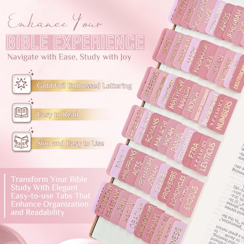 Laminated Bible Tabs for Women and Men, Gold Foil Embossed Lettering - style: Pastel Pink