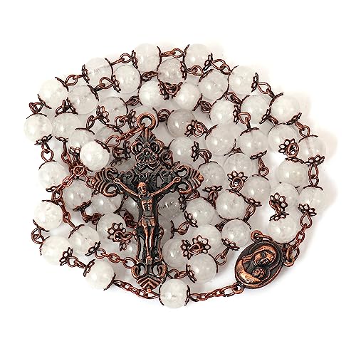 Nazareth Store Natural Stone Beads 8mm Rosary Necklace Antique Copper Design Holy Soil Medal & Cross in Velvet Bag - Catholic Rosaries Terra Santa Jerusalem Collection - color: Clear Agate