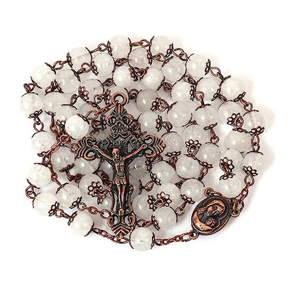 Nazareth Store Natural Stone Beads 8mm Rosary Necklace Antique Copper Design Holy Soil Medal & Cross in Velvet Bag - Catholic Rosaries Terra Santa Jerusalem Collection - color: Clear Agate