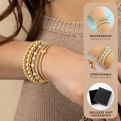 Yoosteel Gold Beaded Bracelets for Women Teen Girls, Gold Plated Jewelry - color: " Bead Pearl Cross - 5pcs